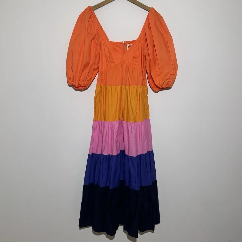 Anthropologie Farm Rio Tiered Colorblocked Maxi Dress Puff Sleeve‎ XS $230 NWT